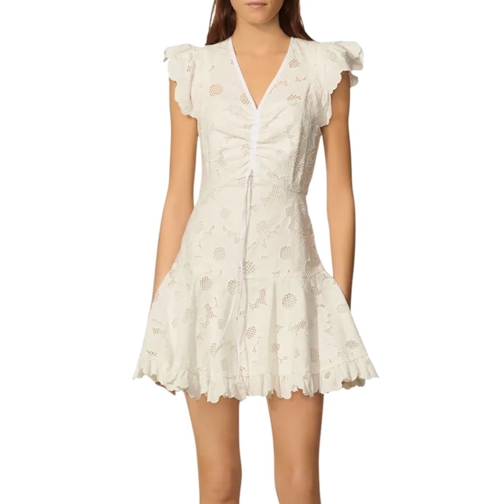 Sandro Paris Brasilia Lace Ruffle Flared Mini Dress Off-White FR 38 US 6 NWT